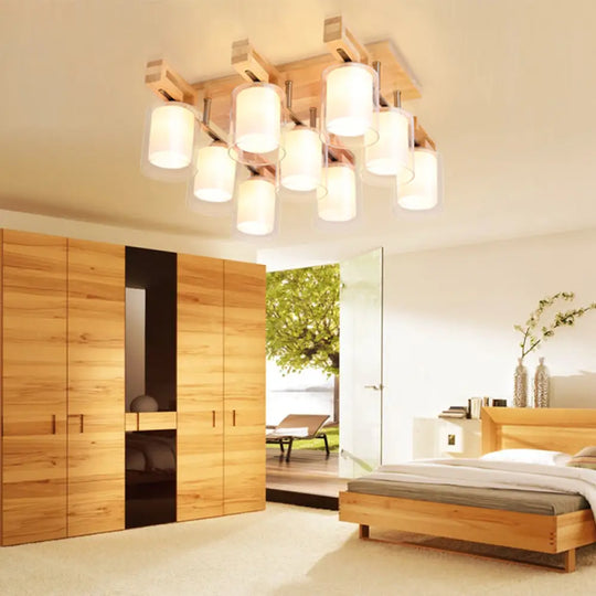 Wooden Double - Layer Glass Flush Mount Chandelier For Living Room Ceiling - Simplicity In Design 9