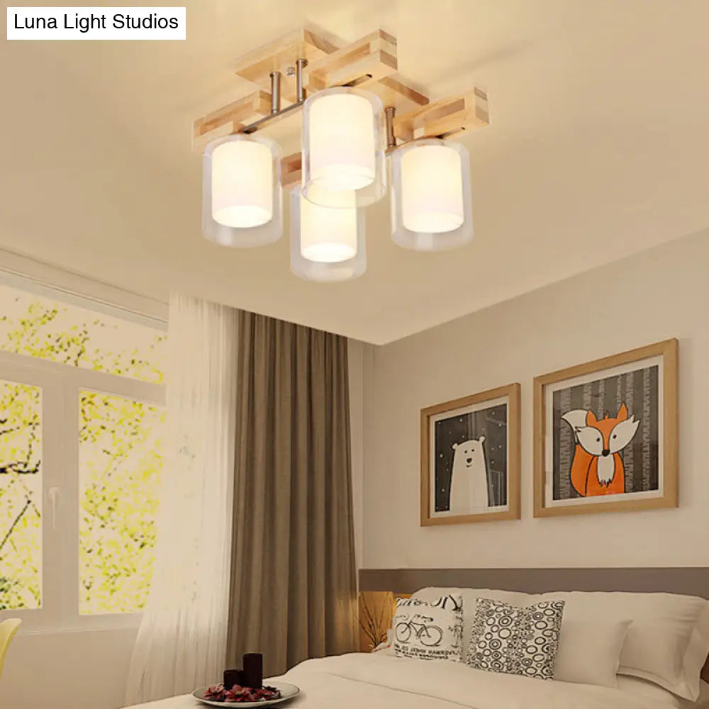 Wooden Double-Layer Glass Flush Mount Chandelier For Living Room Ceiling - Simplicity In Design 4 /