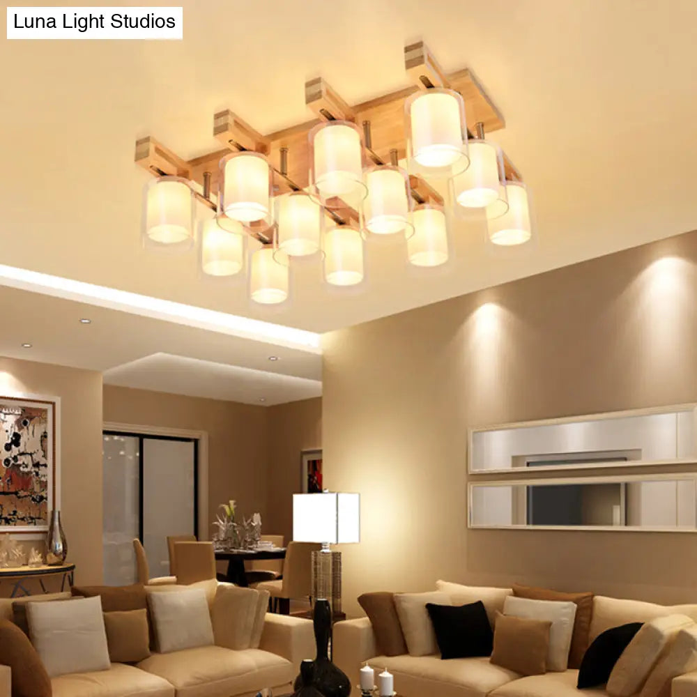 Wooden Double-Layer Glass Flush Mount Chandelier For Living Room Ceiling - Simplicity In Design 12 /