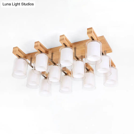 Wooden Double - Layer Glass Flush Mount Chandelier For Living Room Ceiling - Simplicity In Design