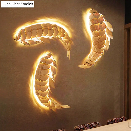 Wooden Fish Shaped Wall Lamp: Asian Style Single Bulb Beige Mount Lighting For Restaurants