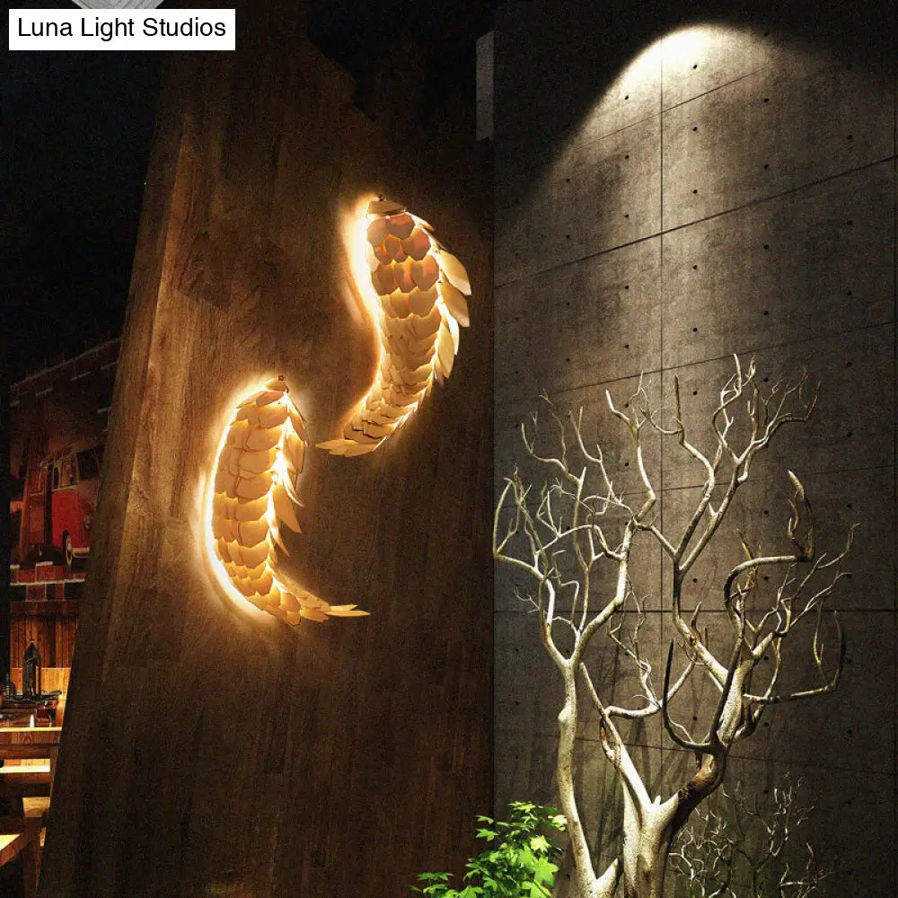 Wooden Fish Shaped Wall Lamp: Asian Style Single Bulb Beige Mount Lighting For Restaurants