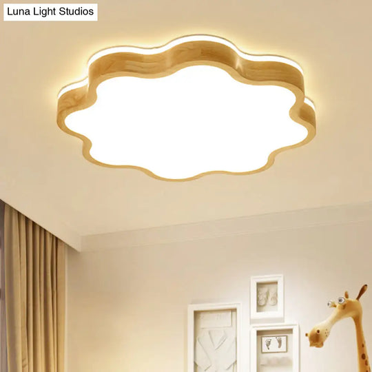 Wooden Flower Flush Mount Light With Simple Beige Led - Bedroom Lighting