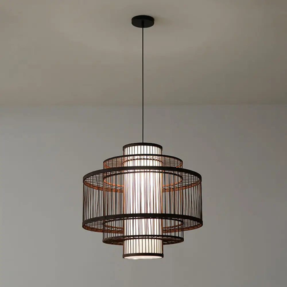 Wooden Geometrical Pendant Lamp With Chinese-Inspired Design Coffee Tone - 1 Head Suspended Lighting