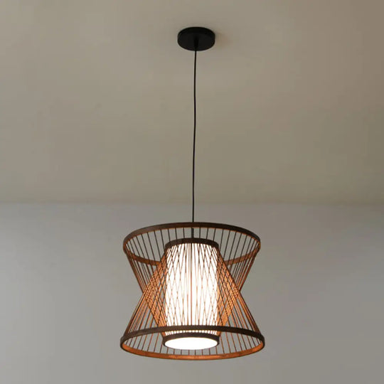 Wooden Geometrical Pendant Lamp With Chinese-Inspired Design Coffee Tone - 1 Head Suspended Lighting