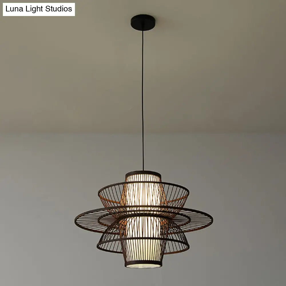 Wooden Geometrical Pendant Lamp With Chinese-Inspired Design Coffee Tone - 1 Head Suspended Lighting