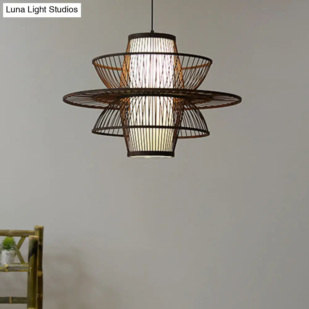 Wooden Geometrical Pendant Lamp With Chinese-Inspired Design Coffee Tone - 1 Head Suspended Lighting