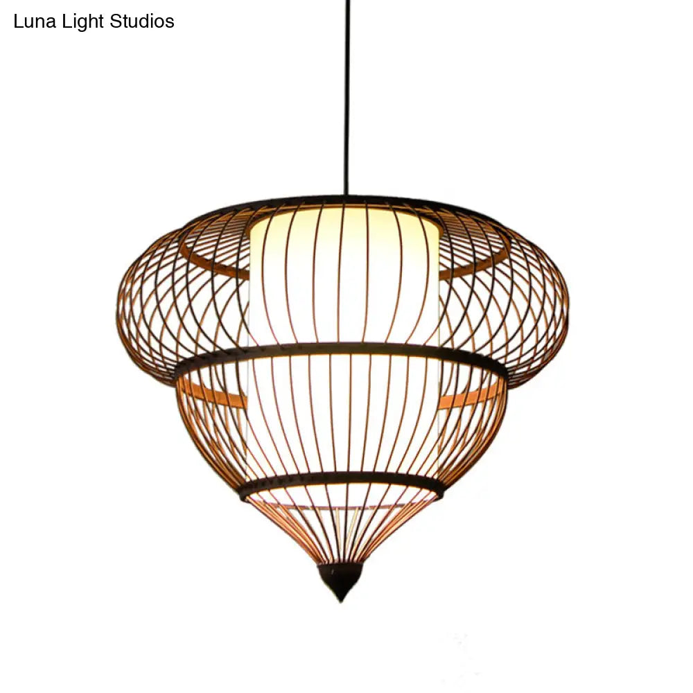 Wooden Geometrical Pendant Lamp With Chinese-Inspired Design Coffee Tone - 1 Head Suspended Lighting