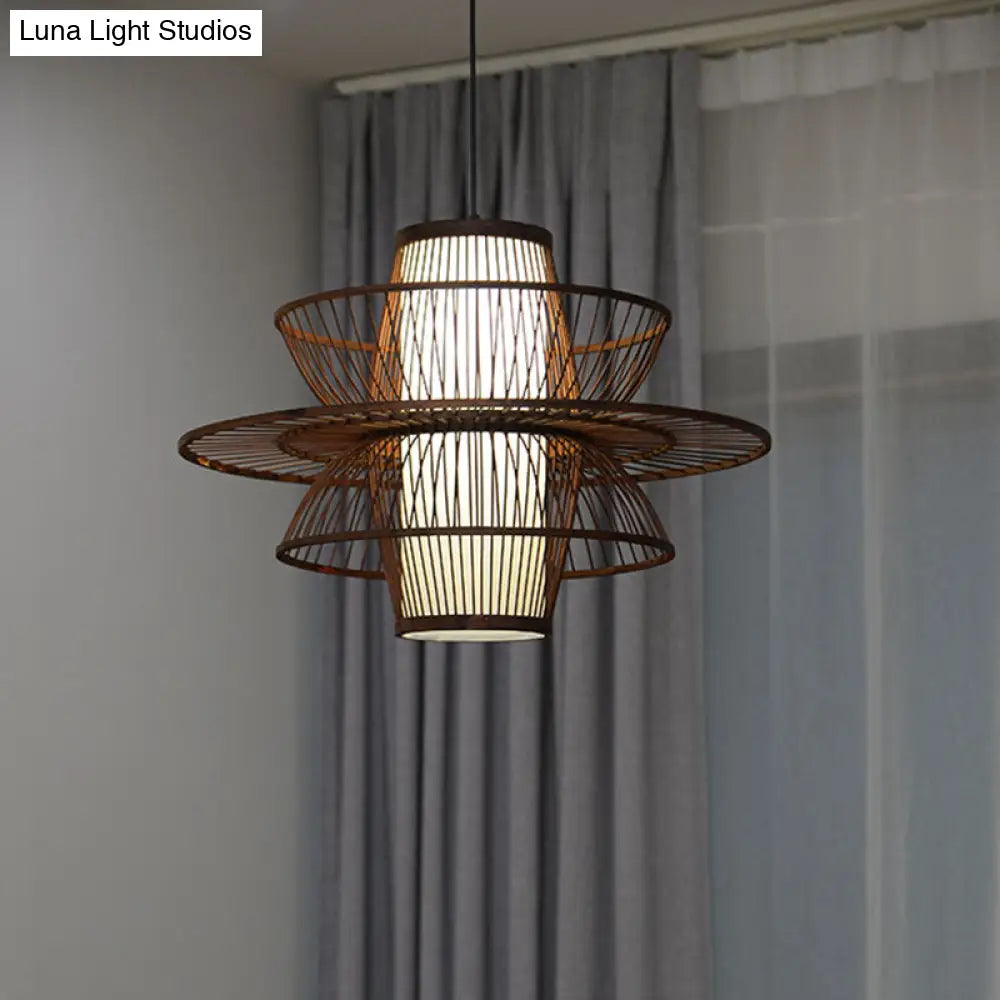 Wooden Geometrical Pendant Lamp With Chinese-Inspired Design Coffee Tone - 1 Head Suspended Lighting