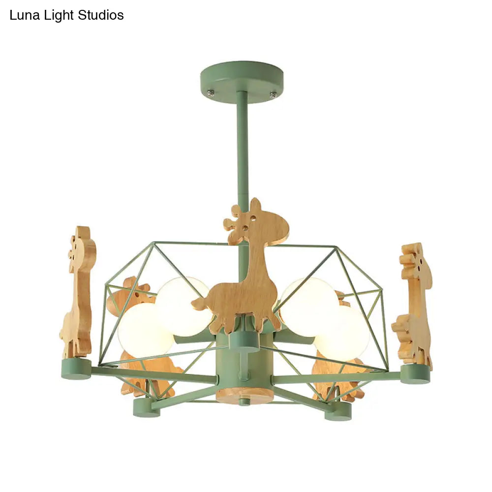 Wooden Giraffe Ceiling Fixture For Kids - 5-Light Semi Flush Mount With Star Iron Frame