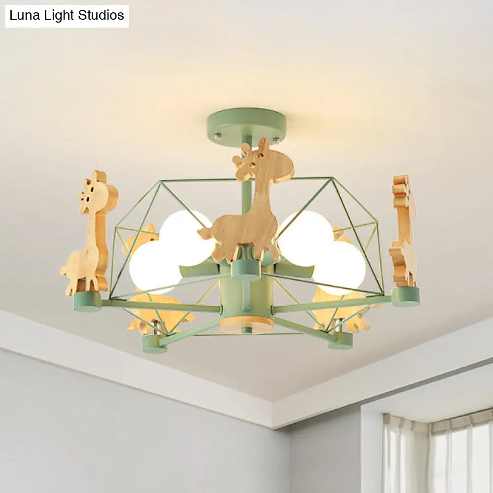 Wooden Giraffe Ceiling Fixture For Kids - 5-Light Semi Flush Mount With Star Iron Frame