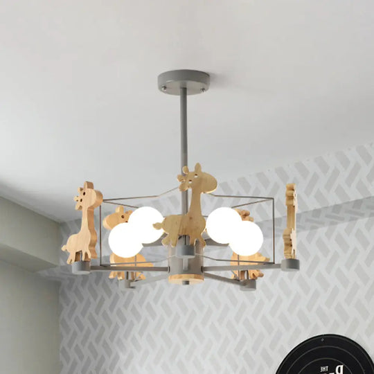 Wooden Giraffe Ceiling Fixture For Kids - 5-Light Semi Flush Mount With Star Iron Frame