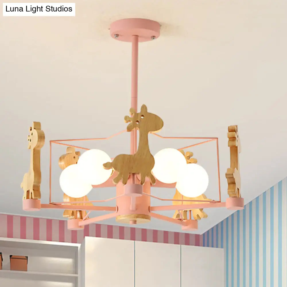 Wooden Giraffe Ceiling Fixture For Kids - 5-Light Semi Flush Mount With Star Iron Frame