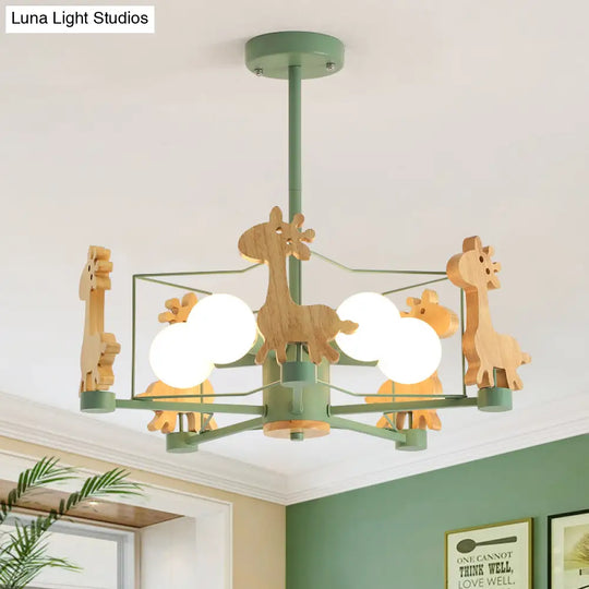 Wooden Giraffe Ceiling Fixture For Kids - 5-Light Semi Flush Mount With Star Iron Frame