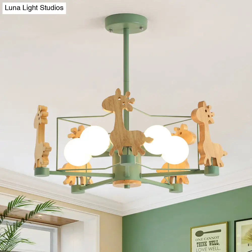 Wooden Giraffe Ceiling Fixture For Kids - 5-Light Semi Flush Mount With Star Iron Frame