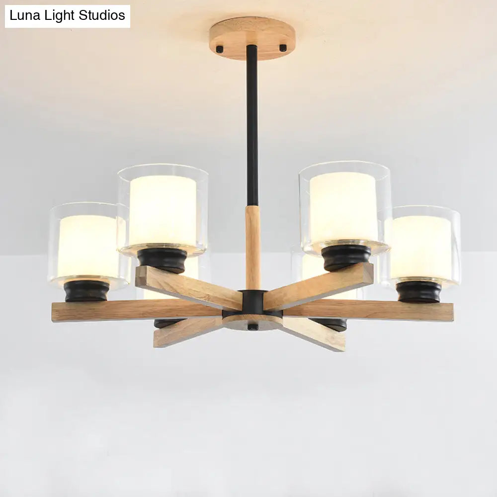 Wooden Hanging Chandelier With Double Glass Cylinder Shade - 3/6 Light Ceiling Lamp For Living Room