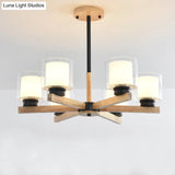 Wooden Hanging Chandelier With Double Glass Cylinder Shade - 3/6 Light Ceiling Lamp For Living Room