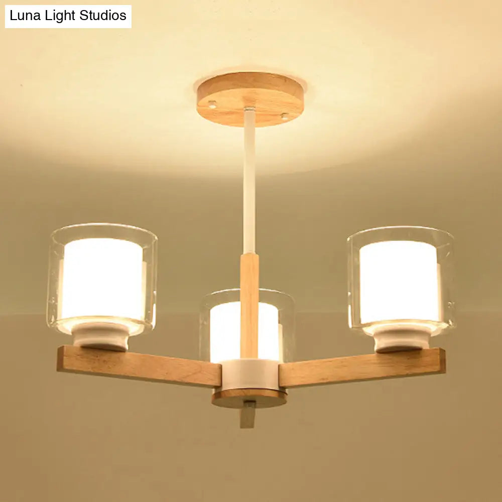 Wooden Hanging Chandelier With Double Glass Cylinder Shade - 3/6 Light Ceiling Lamp For Living Room