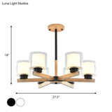 Wooden Hanging Chandelier With Double Glass Cylinder Shade - 3/6 Light Ceiling Lamp For Living Room