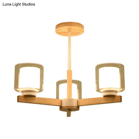 Wooden Hanging Chandelier With Double Glass Cylinder Shade - 3/6 Light Ceiling Lamp For Living Room
