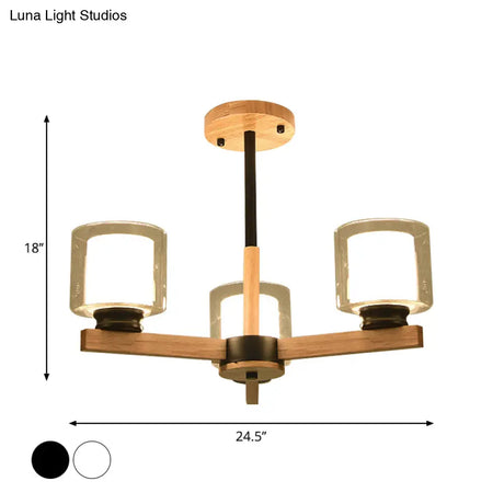 Wooden Hanging Chandelier With Double Glass Cylinder Shade - 3/6 Light Ceiling Lamp For Living Room