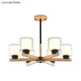 Wooden Hanging Chandelier With Double Glass Cylinder Shade - 3/6 Light Ceiling Lamp For Living Room