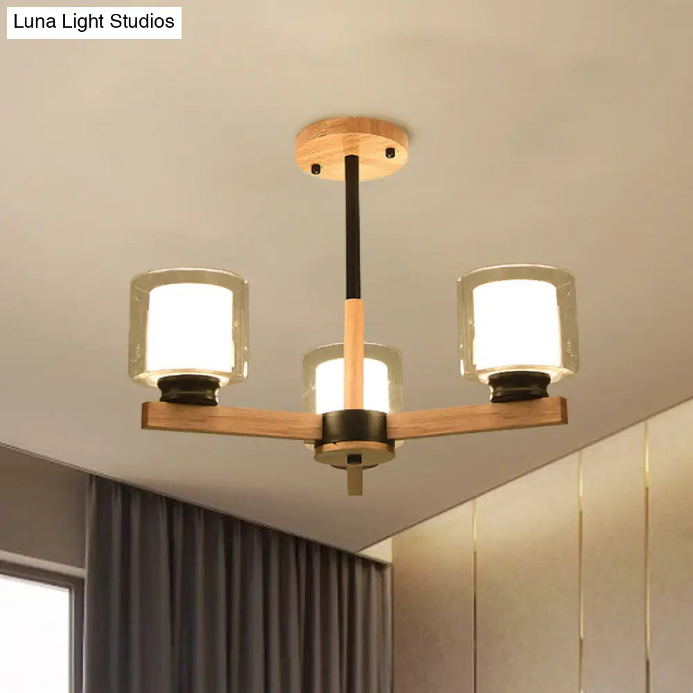 Wooden Hanging Chandelier With Double Glass Cylinder Shade - 3/6 Light Ceiling Lamp For Living Room