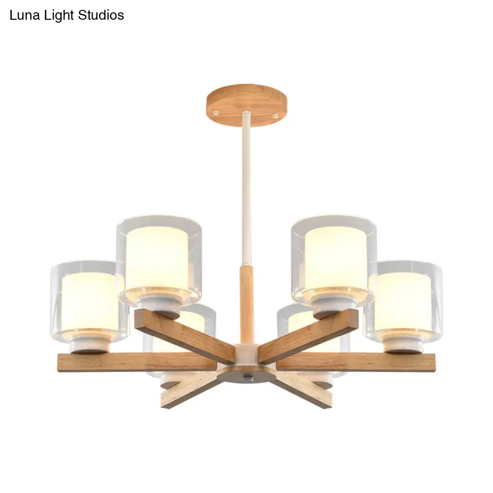 Wooden Hanging Chandelier With Double Glass Cylinder Shade - 3/6 Light Ceiling Lamp For Living Room