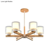 Wooden Hanging Chandelier With Double Glass Cylinder Shade - 3/6 Light Ceiling Lamp For Living Room