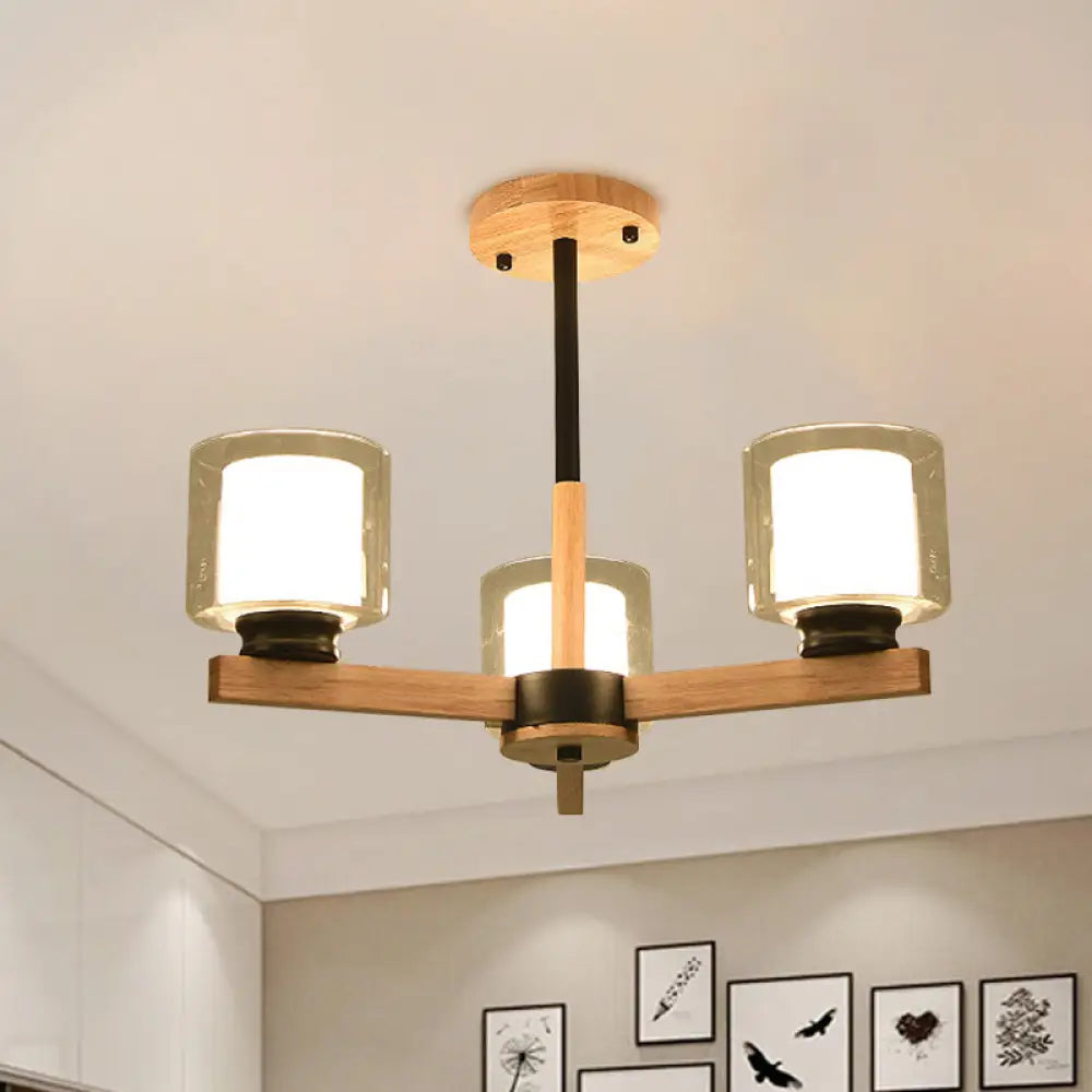 Wooden Hanging Chandelier With Double Glass Cylinder Shade - 3/6 Light Ceiling Lamp For Living Room