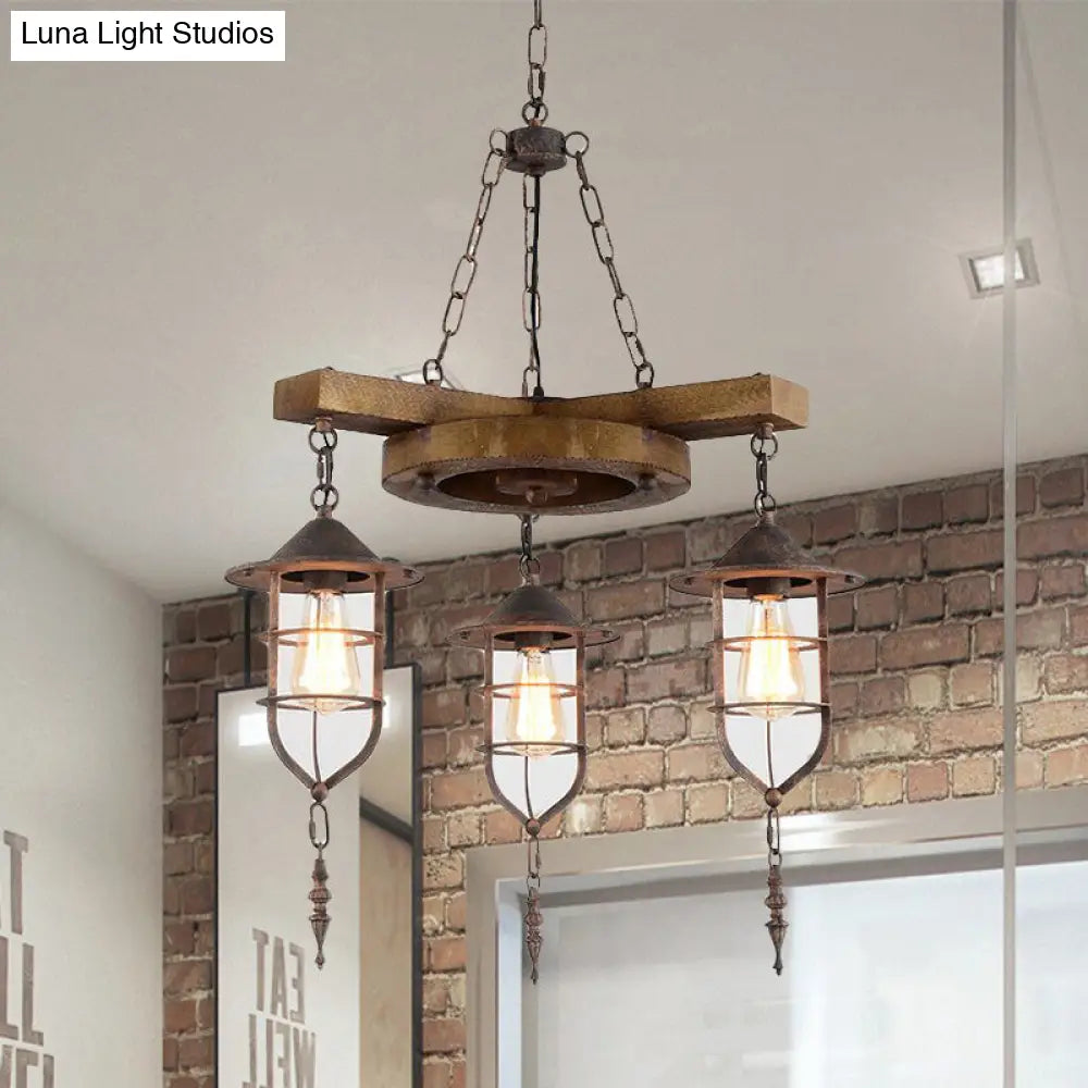 Wooden Metal Caged Chandelier Lighting Kit - 3/7 Lights For Restaurant Hanging 3 / Wood