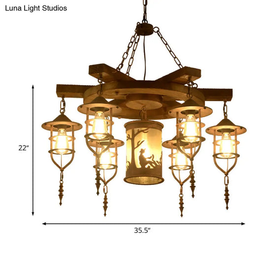 Wooden Hanging Light Kit For Restaurants: Metal Caged Chandelier With 3/7 Lights