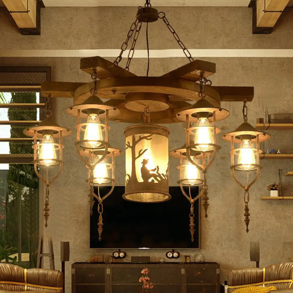 Wooden Hanging Light Kit For Restaurants: Metal Caged Chandelier With 3/7 Lights 7 / Wood