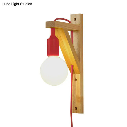 Wooden Hanging Wall Sconce With Exposed Bulb - Nordic Lamp In Multi Colors