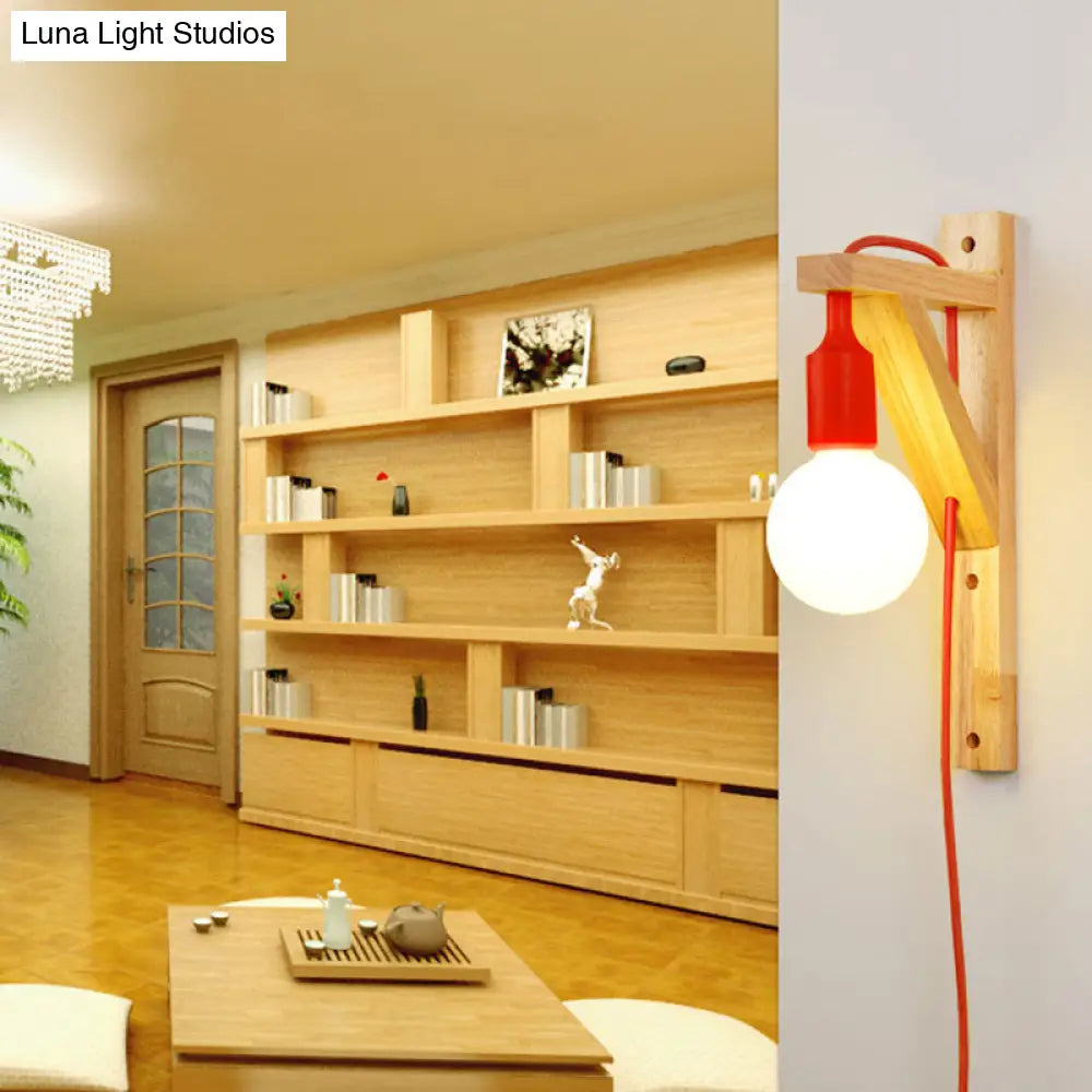 Wooden Hanging Wall Sconce With Exposed Bulb - Nordic Lamp In Multi Colors