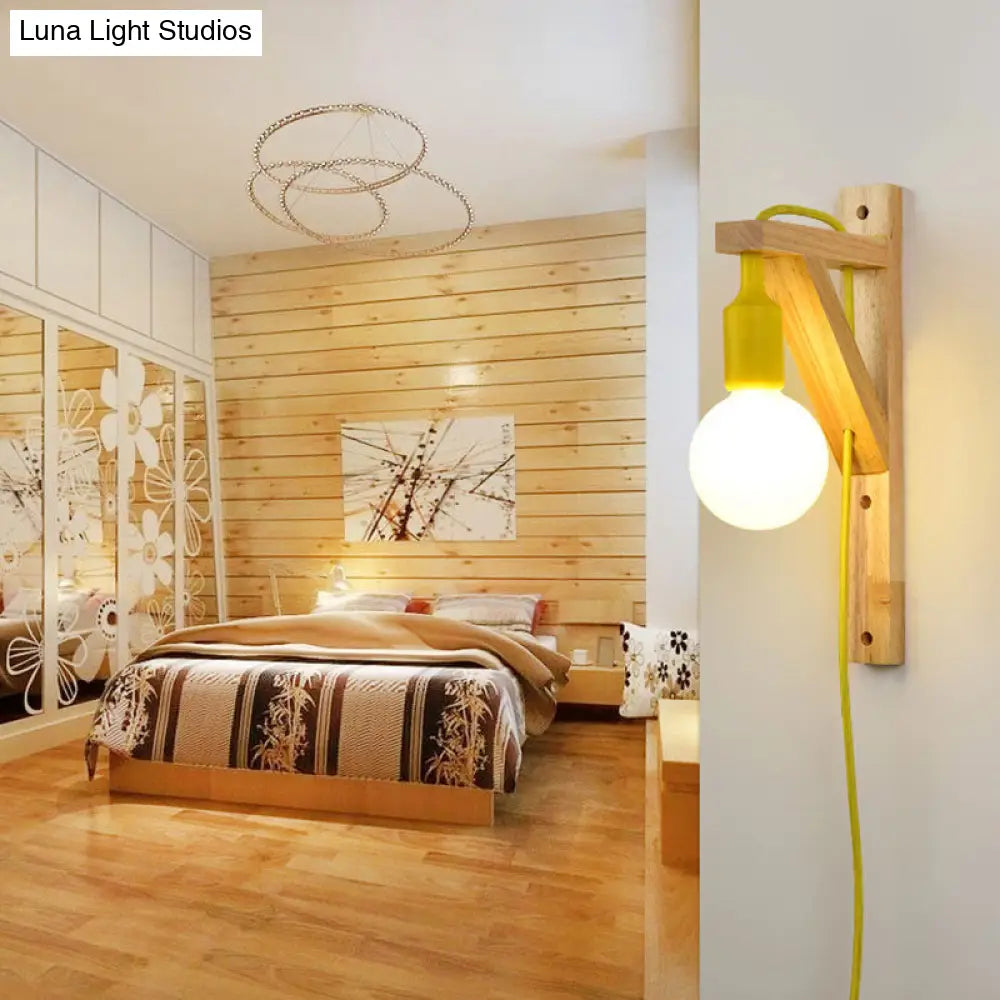 Wooden Hanging Wall Sconce With Exposed Bulb - Nordic Lamp In Multi Colors