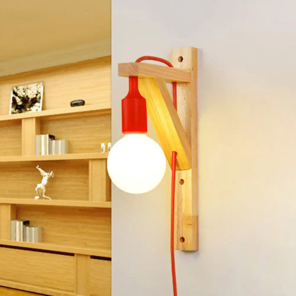 Wooden Hanging Wall Sconce With Exposed Bulb - Nordic Lamp In Multi Colors Red