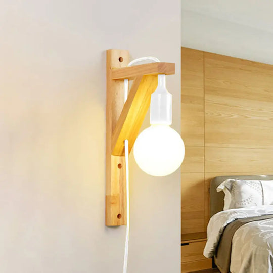 Wooden Hanging Wall Sconce With Exposed Bulb - Nordic Lamp In Multi Colors White