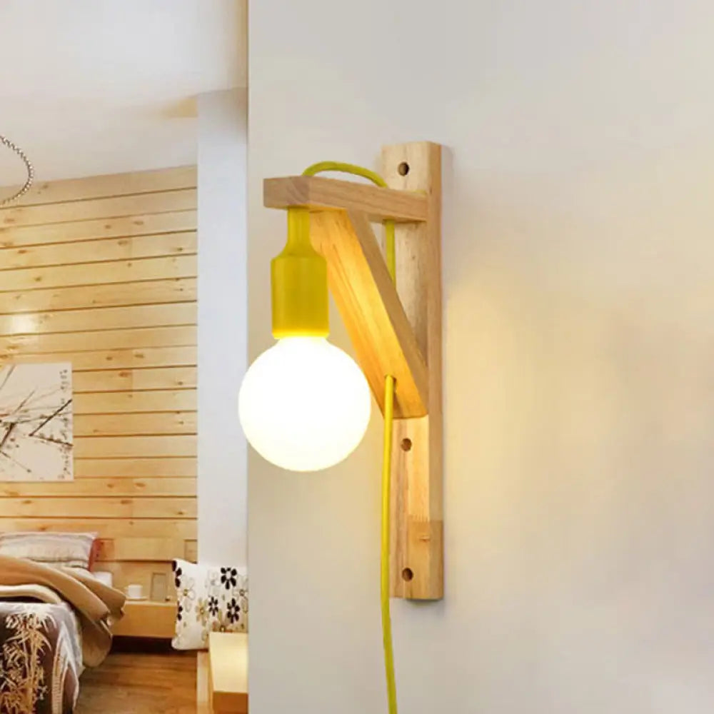 Wooden Hanging Wall Sconce With Exposed Bulb - Nordic Lamp In Multi Colors Yellow