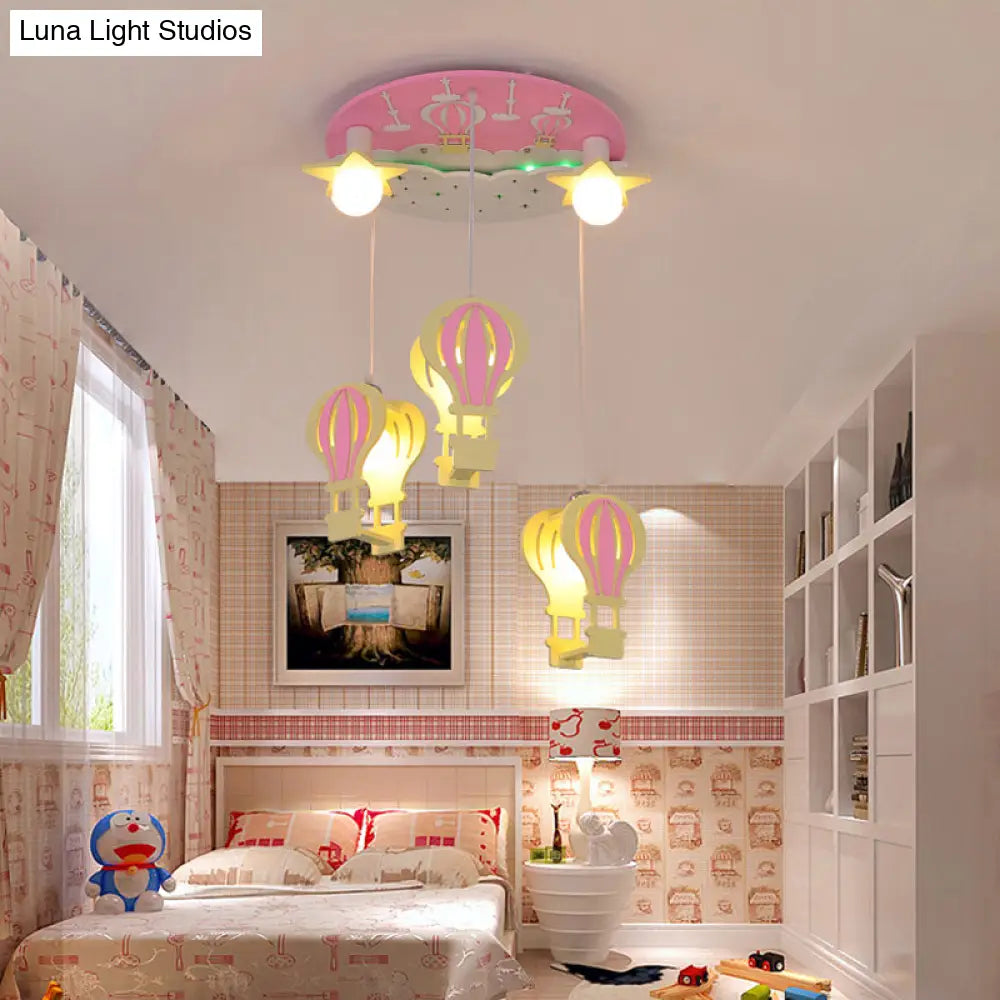 Wooden Hot Air Balloon Pendant Light | Kids Bedroom Hanging Lighting 5 Bulbs Included