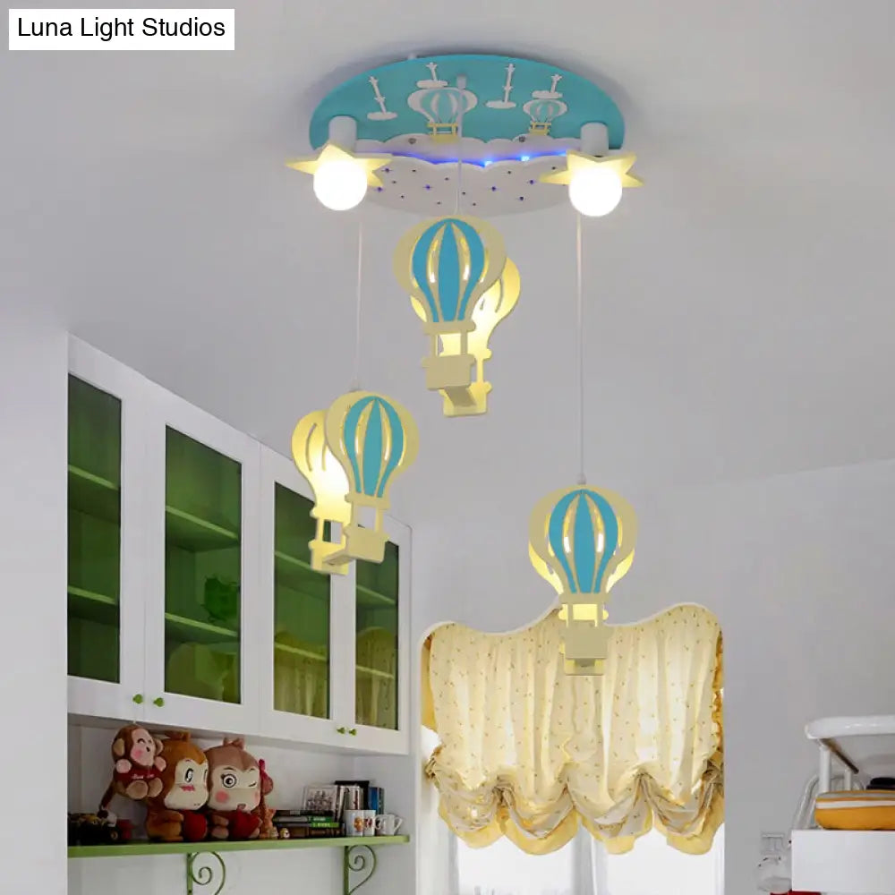 Wooden Hot Air Balloon Pendant Light | Kids Bedroom Hanging Lighting 5 Bulbs Included