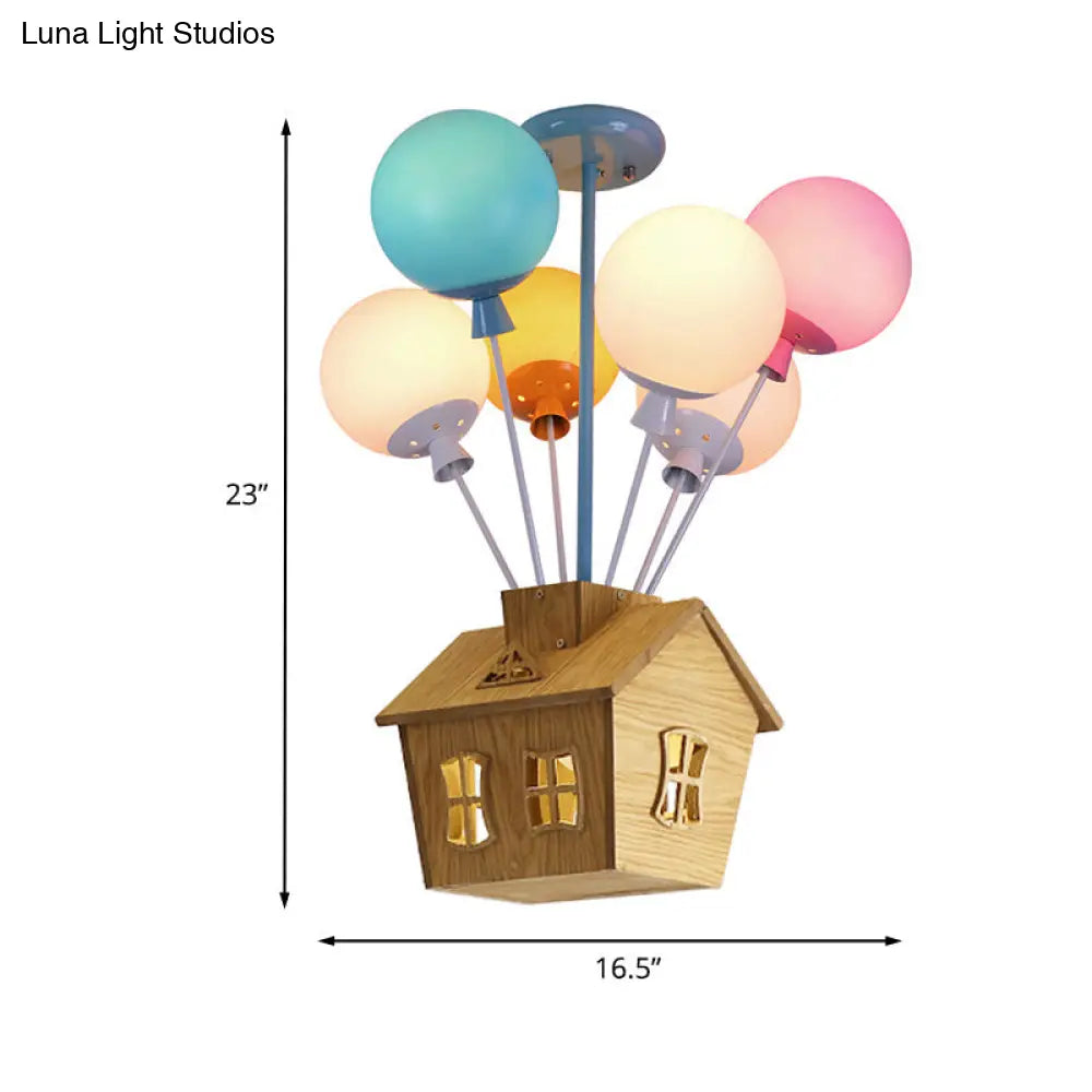 Kids Ceiling Balloon Nursery Light: Blue-Pink-Yellow Glass Wooden House Design 6 Lights Semi Flush