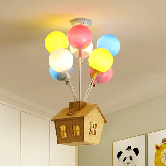 Wooden House Kids Ceiling Flush With Balloon Nursery Semi Light Glass - 6 Lights Blue-Pink-Yellow