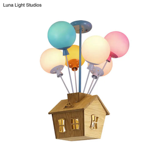 Kids Ceiling Balloon Nursery Light: Blue-Pink-Yellow Glass Wooden House Design 6 Lights Semi Flush