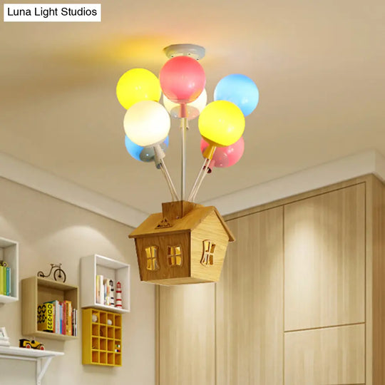 Kids Ceiling Balloon Nursery Light: Blue-Pink-Yellow Glass Wooden House Design 6 Lights Semi Flush