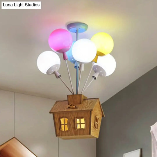Kids Ceiling Balloon Nursery Light: Blue-Pink-Yellow Glass Wooden House Design 6 Lights Semi Flush