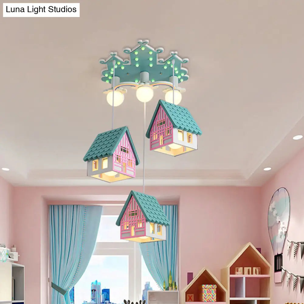 Wooden House Nursery Pendant Lamp - Creative Chandelier With 6 Bulbs For Ceiling Lighting