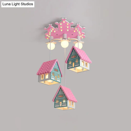 Wooden House Nursery Pendant Lamp - Creative Chandelier With 6 Bulbs For Ceiling Lighting