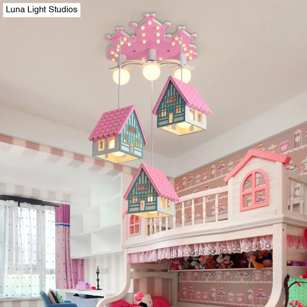 Wooden House Nursery Pendant Lamp - Creative Chandelier With 6 Bulbs For Ceiling Lighting