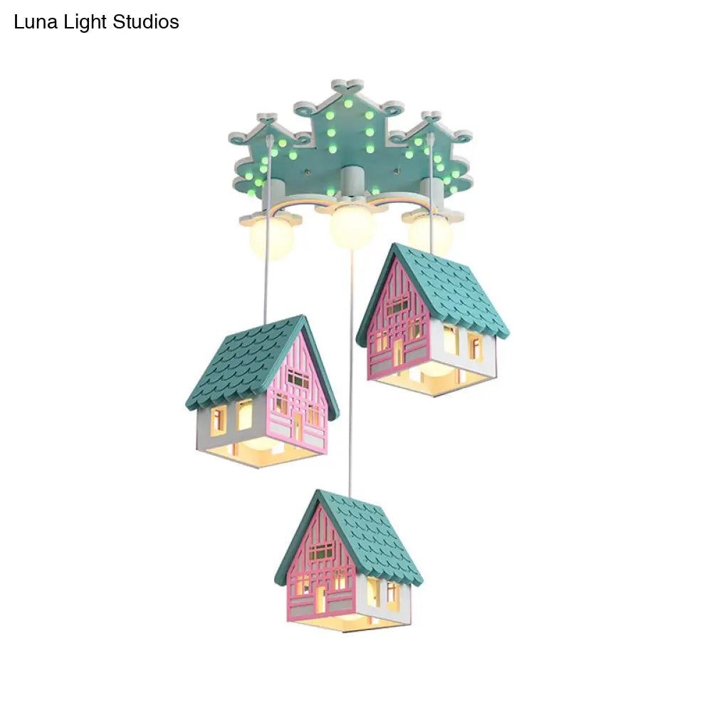 Wooden House Nursery Pendant Lamp - Creative Chandelier With 6 Bulbs For Ceiling Lighting